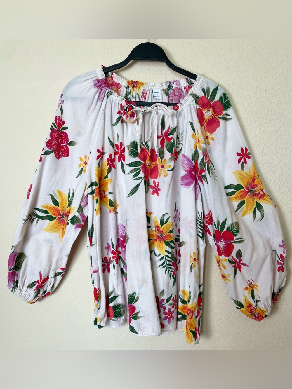 Old Navy White Floral Peasant Blouse | Pink & Yellow Print | Size XL